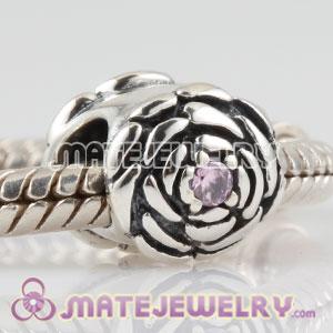 925 Sterling Silver Blooming Rose charm beads with pink CZ stones