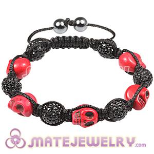 Red Skull Head Inspired Macrame Bracelets with Pave Crystal Bead and Hemitite