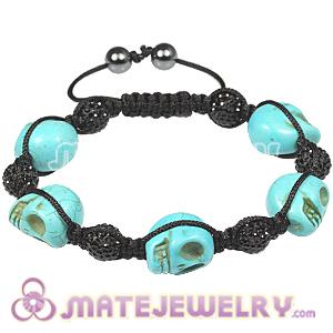 Turquoise Skull Head Inspired Mens Macrame Bracelets with Pave Crystal Bead and Hemitite