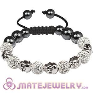 Sterling Silver Skull Head Beads Macrame Bracelets with Pave Czech Crystal and Hematite 