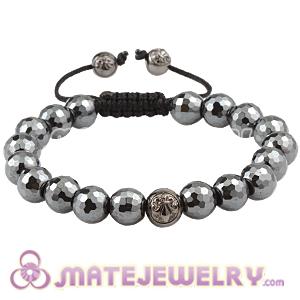 Faceted Hematite Men Macrame Bracelet With Sterling Silver Logo Bead