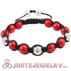 Red Coral Bead Men Macrame Bracelet With Sterling Silver Logo Bead