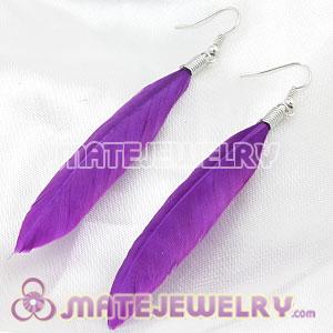 Natural Purple Rooster Feather Earrings With Alloy Fishhook 