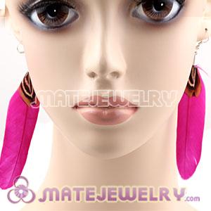 Natural Magenta And Grizzly Rooster Feather Earrings With Alloy Fishhook 