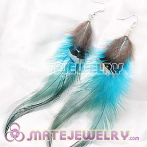 Cheap Long Blue And Grizzly Feather Earrings With Alloy Fishhook 