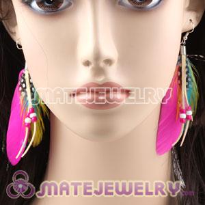 Cheap Tibetan Jaderic Indianstyles Fushia Feather Earrings Enhanced By Mix Bead 