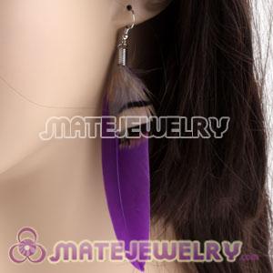 Cheap Long Purple And Grizzly Feather Earrings 