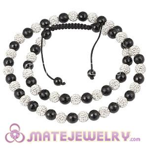 Long White Czech Crystal Onyx Black Agate Unisex Necklace 