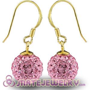 10mm Pink Czech Crystal Ball Gold Plated Sterling Silver Hook Earrings