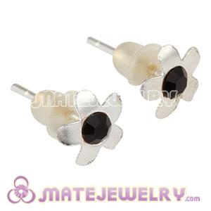 Cheap Sterling Silver Flower With Black CZ Stud Earrings