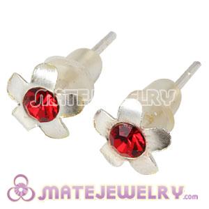 Cheap Sterling Silver Flower With Red CZ Stud Earrings