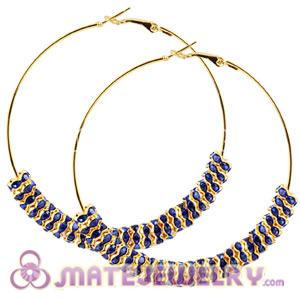 70mm Gold Basketball Wives Hoop Earrings With Blue Crystal Spacer Beads 