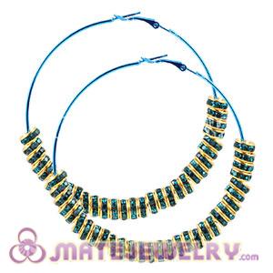 70mm Blue Basketball Wives Hoop Earrings With Crystal Spacer Beads 