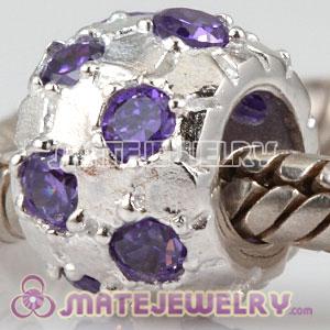 European Sterling Round Purple CZ Stone Bead Charm 