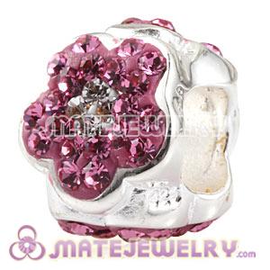 Wholesale 925 Sterling Silver Flower Charm Beads With Pink Austrian Crystal 