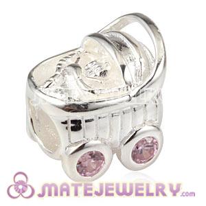 925 Sterling Silver European Baby Carriage Charm Beads Beads With Pink Stones 