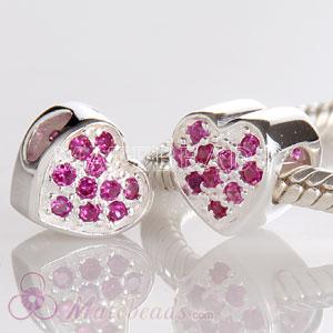 Sterling silver European heart beads with rose cz stones