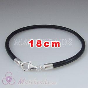 18cm black slippy European leather bracelet sterling lobster clasp