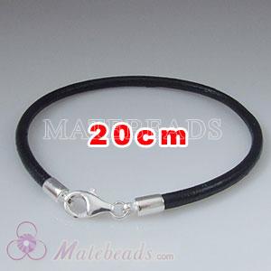 20cm black slippy European leather bracelet sterling lobster clasp