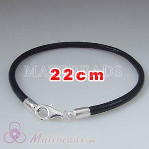 22cm black slippy European leather bracelet sterling lobster clasp