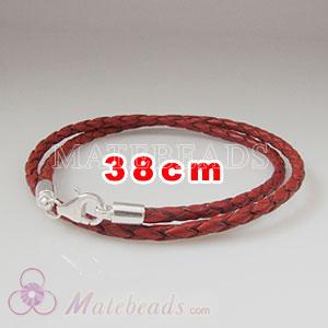 38cm red braided European double leather bracelet sterling lobster clasp