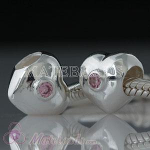 European Sterling Puffy Heart with Pink Cubic Zirconia Bead 