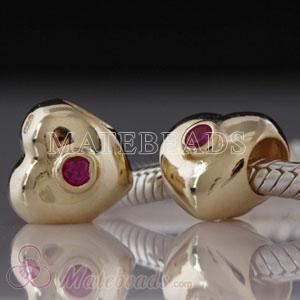 Gold plated silver heart European love charms with rose cubic zirconia stones