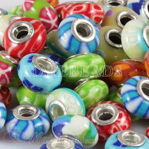 Mix 50 Pcs Different Styles European Style Polymer Clay beads in 925 Silver Double Core