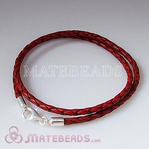 40cm red braided European double leather bracelet sterling lobster clasp