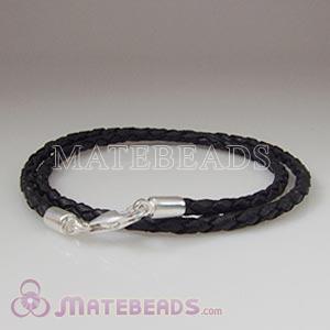 44cm black braided European leather necklace sterling lobster clasp