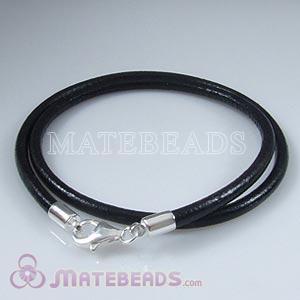 40cm black slippy European double leather bracelet sterling lobster clasp