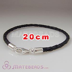 20cm black braided European leather bracelet sterling lobster clasp