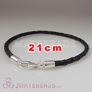 21cm black braided European leather bracelet sterling lobster clasp