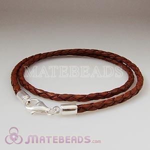 44cm brown braided European leather necklace sterling lobster clasp