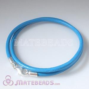 40cm blue slippy European double leather bracelet sterling lobster clasp