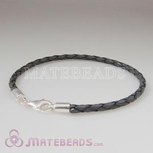 26cm gray braided European leather bracelet sterling lobster clasp