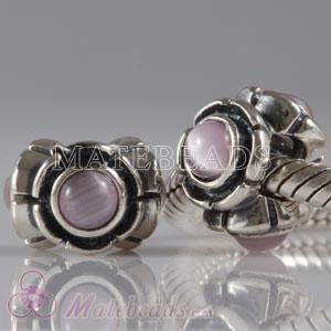 European silver triplet pink stone beads