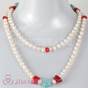 120cm Freshwater Pearl Long Necklace with Turquoise and Coral