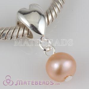 Sterling Silver Heart Bead Dangle 6mm Pink Freshwater Pearl Charms