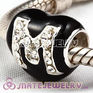 Wholesale European Sterling Silver Enamel Heart Pave M Charm Bead With Austrian Crystal 