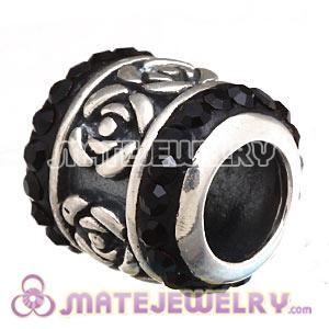 925 Sterling Silver Rose Flower Barrel Beads With Black Austrian Crystal 