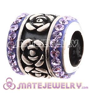 925 Sterling Silver Rose Flower Barrel Beads With Violet Austrian Crystal 