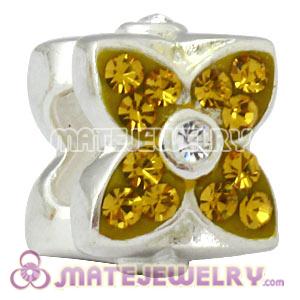 925 Sterling Silver Four Leaf Clover Beads With Yellow Austrian Crystal 