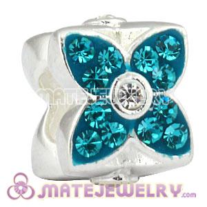 925 Sterling Silver Four Leaf Clover Beads With Blue Austrian Crystal 