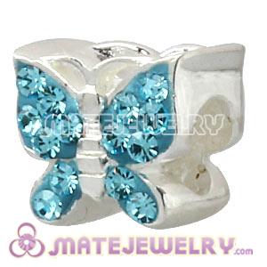 925 Sterling Silver Butterfly Charm Beads With Cyan Austrian Crystal 