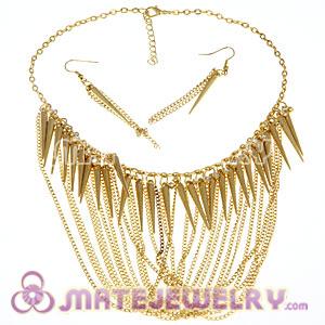 Gold Chains Tassel Spike Choker Bib Necklace Earring Jewelry Set 