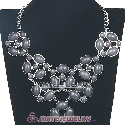 Silver Chain Retro Style Ellipse Grey Resin Gemstone Choker Bib Collar Necklace