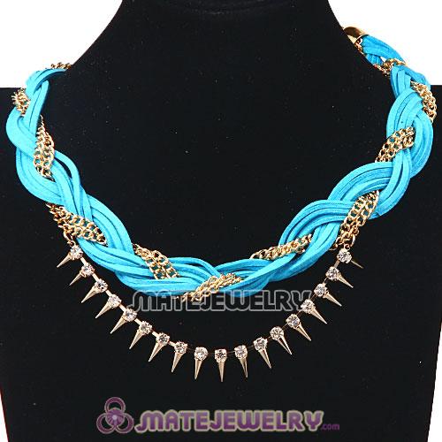 Wholesale Gold Chain Cyan Braided Leather Collar Necklace With Crystal And Rivet
