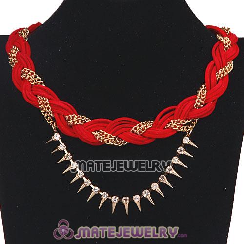 Wholesale Gold Chain Red Braided Leather Collar Necklace With Crystal And Rivet
