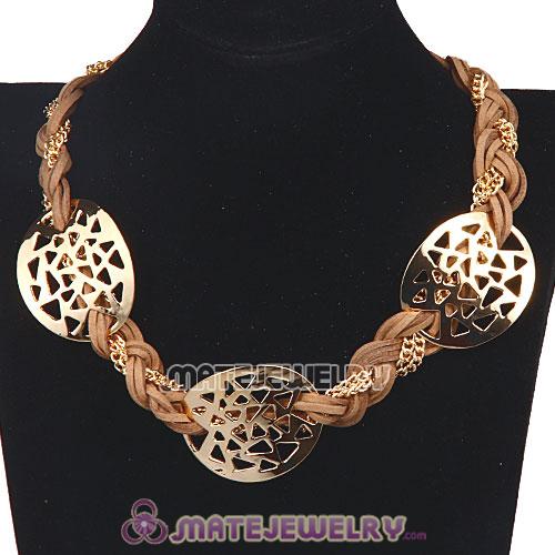Wholesale Ladies Gold Chain Brown Braided Leather Collar Necklaces